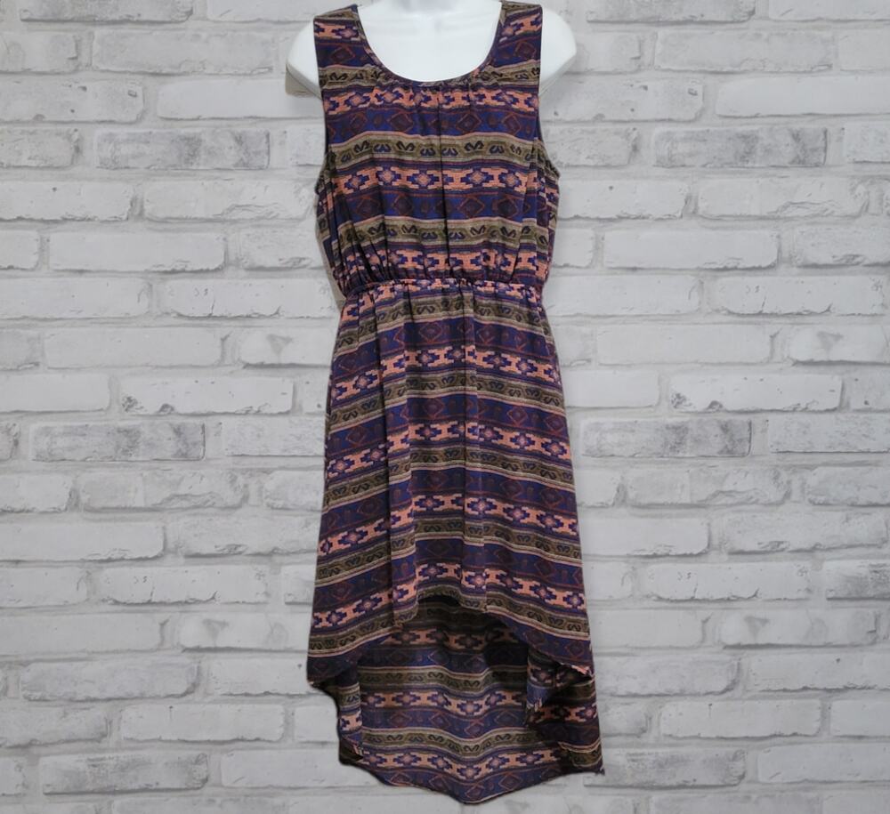Blu Pepper Aztec Inspired Pattern Striped Hi Low Sleeveless Dress Womens Large